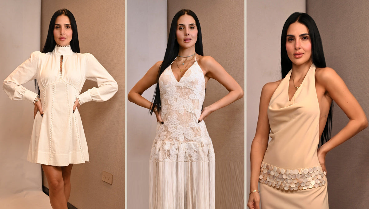 KAPE - tres vestidos del drop: mini crudo manga larga, halter marfil de encaje y halter nacar champagne