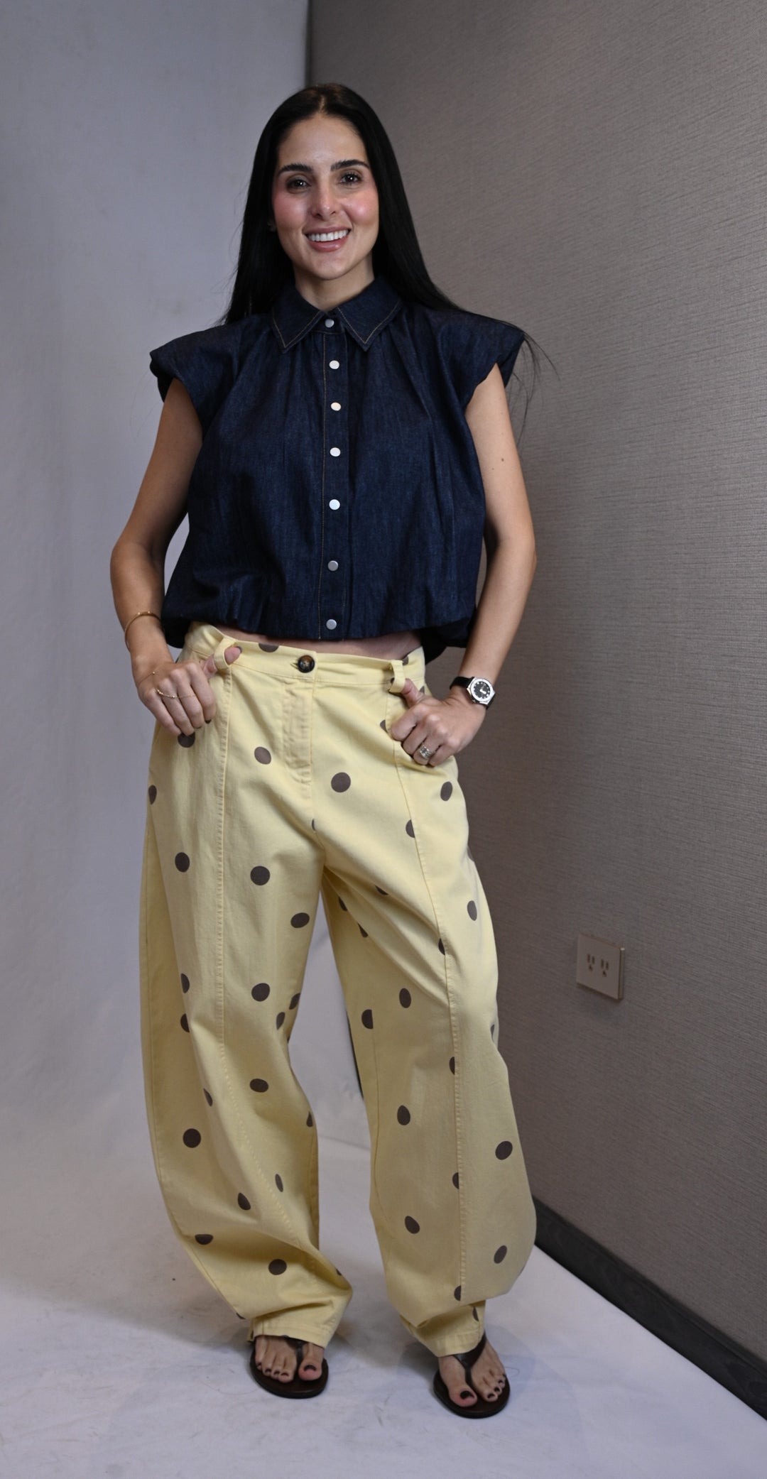Pantalon wide leg lunares mantequilla, vista lateral